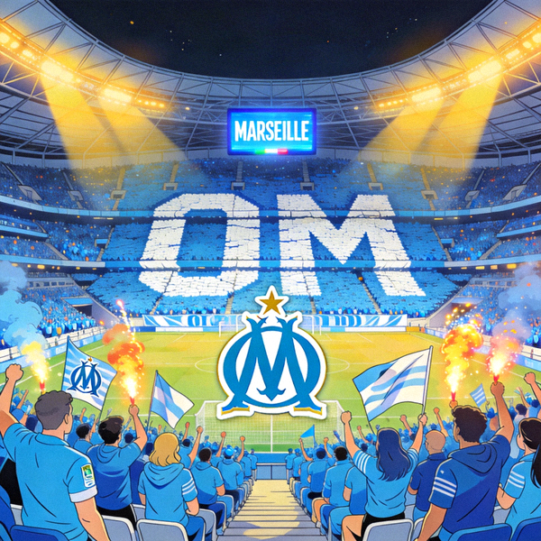 马赛队徽及维洛德罗姆球场热烈的主场氛围